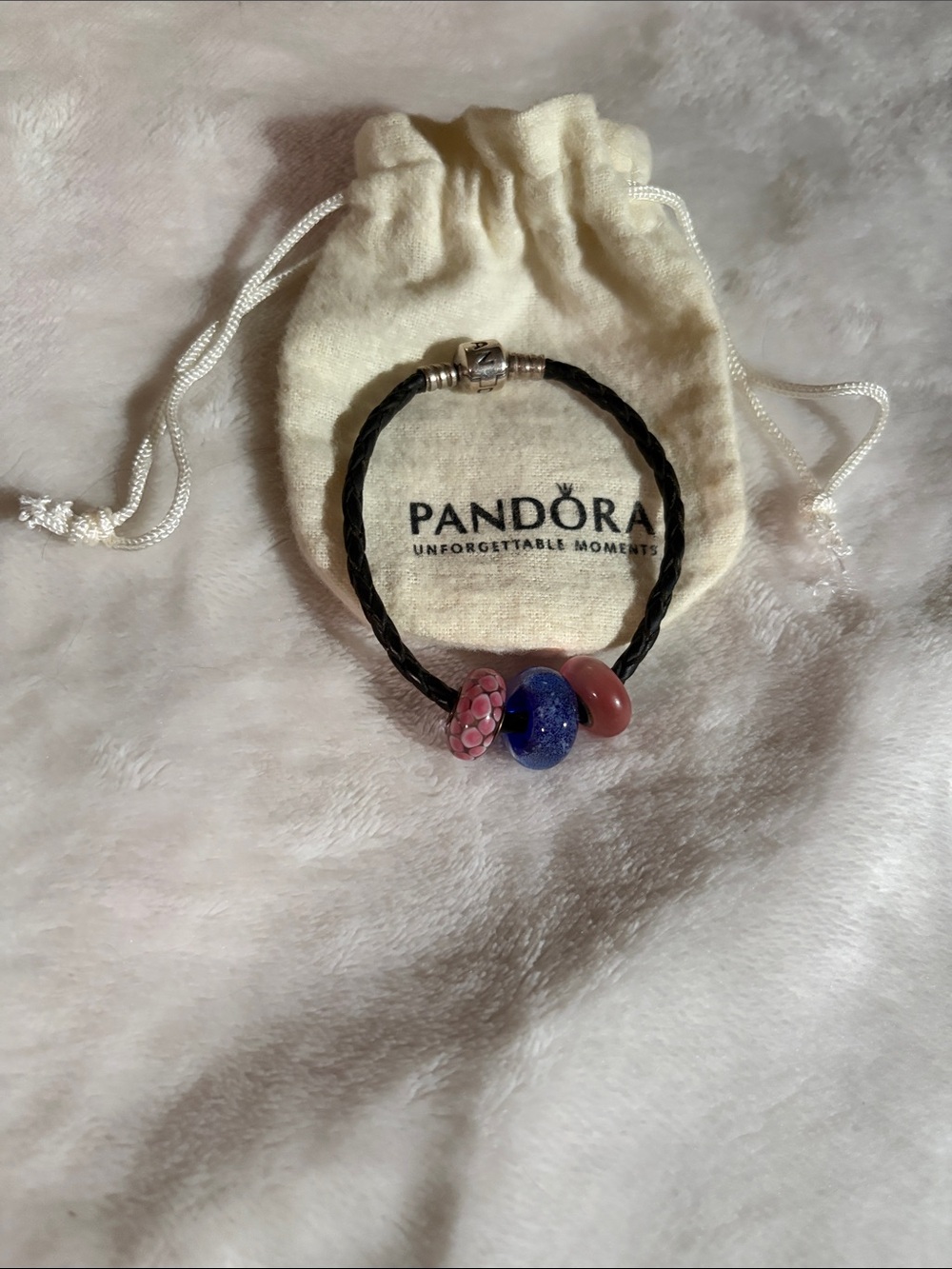 Pandora Black Leather Bracelet with Unbranded Beads